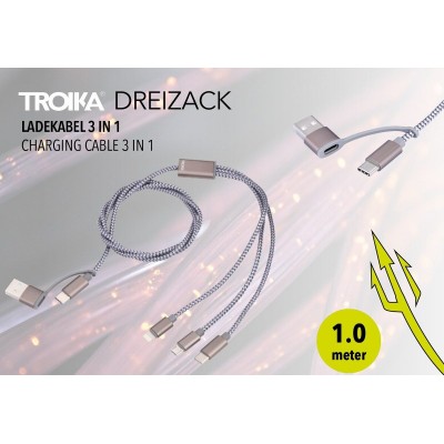 Зарядний кабель Troika 3 в 1, USB/USB-C-MicroUSB/Lightning Зарядний кабель Troika 3 в 1, USB/USB-C-MicroUSB/Lightning